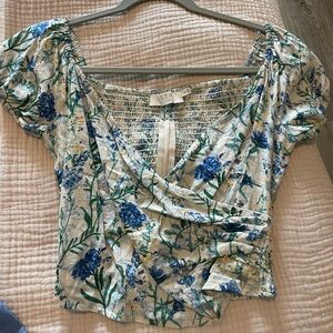 Astr Blue and Green Ruched Wrap Blouse
